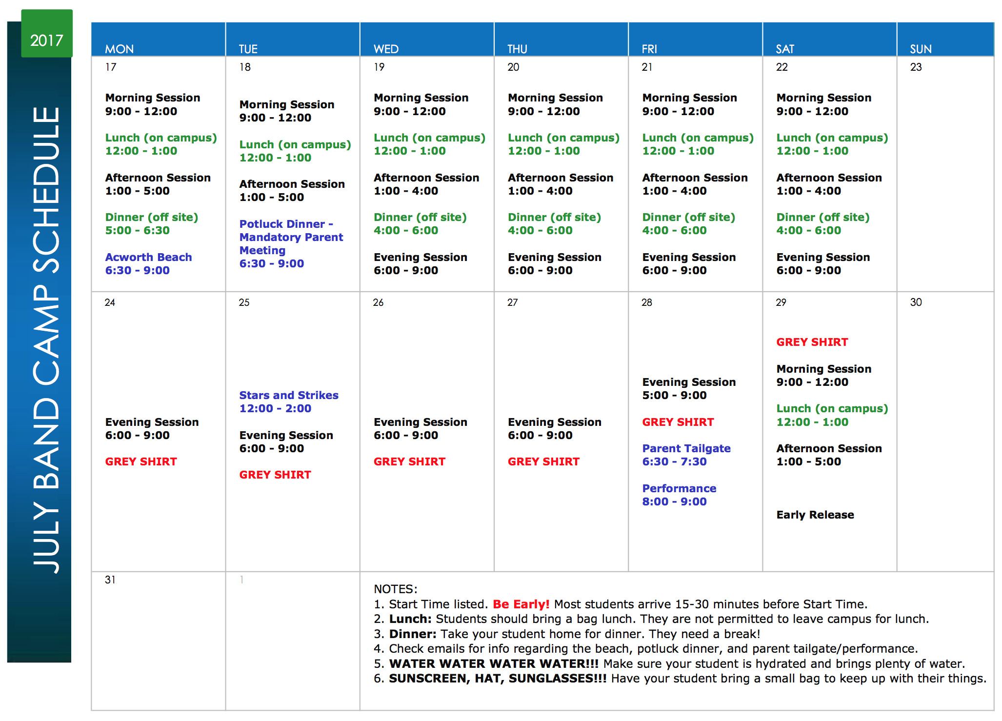 2017 Band Camp Schedule Harrison Bands